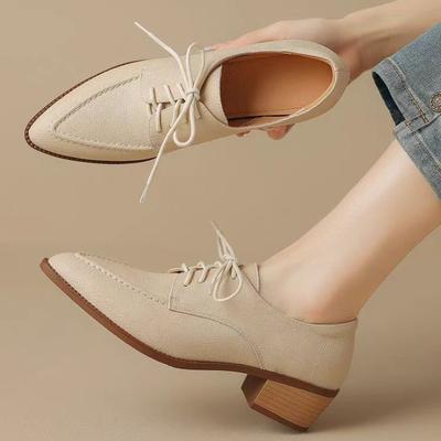 2024 Med-High Каблуки Оксфорды Туфли Женские Кроссовки На Шнуровке Однотонные Кожаные Броги Женские Универсальные Лоферы Офисное Платье Плоские Туфли Женские