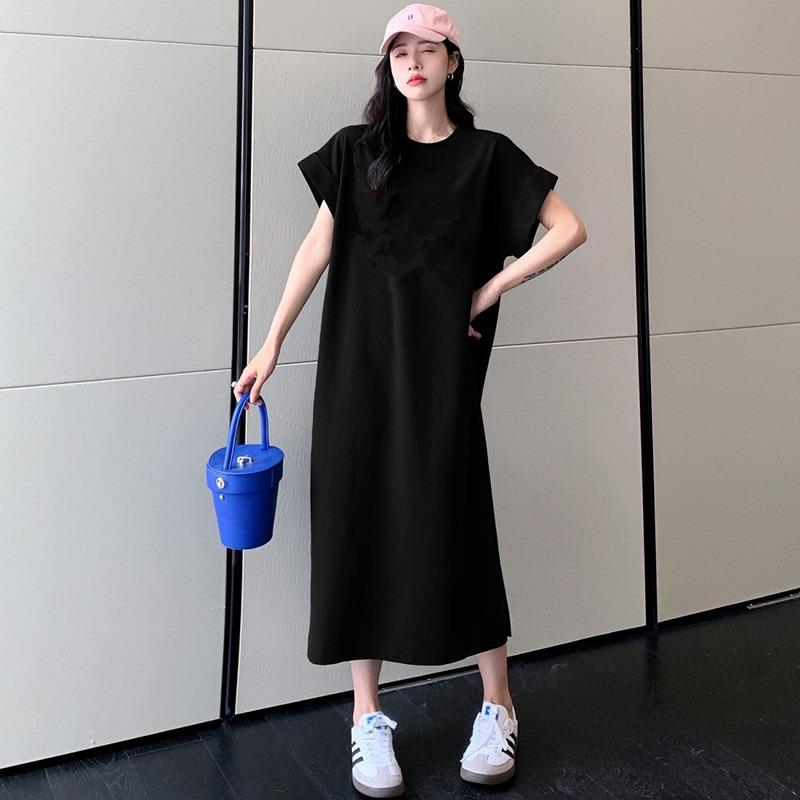 Women's Dress Summer Loose Solid Color Simple Design Sense Slit Straight Casual T-shirt Dress