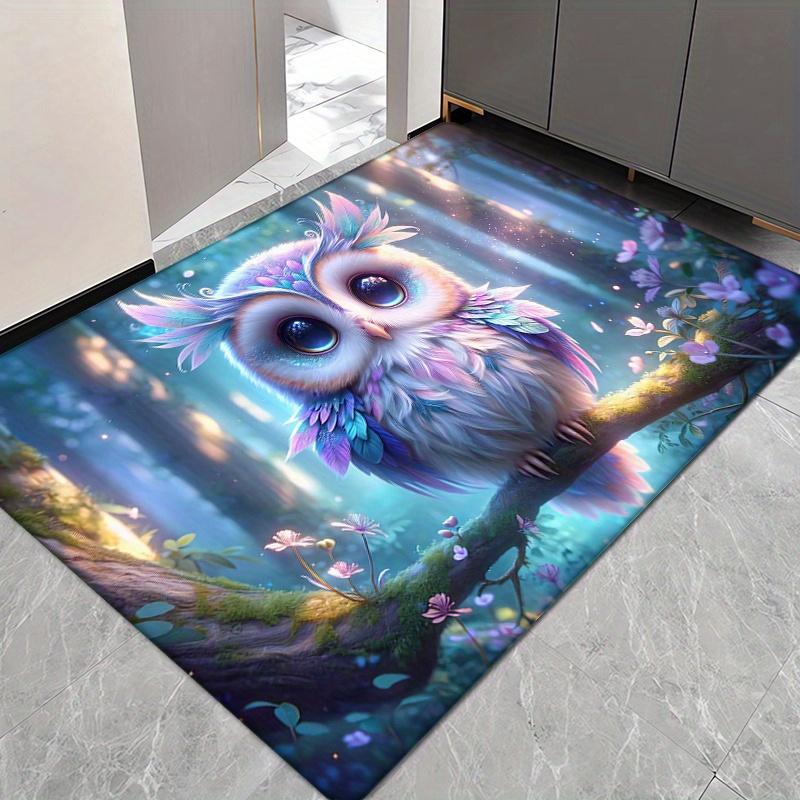 Colorful Owl Flannel Door Mat Carpet, Non-Slip Cute Neon Design for Living Room Kitchen Entrance Office Decor, Floor Mat Gift