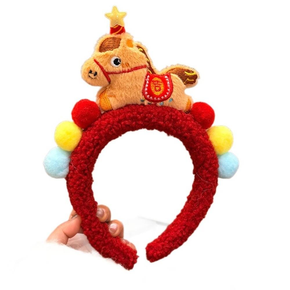 Plush Pony Headpiece Red New Year Mascot Headband Gift Cartoon Horse Hair Hoop  New Year
