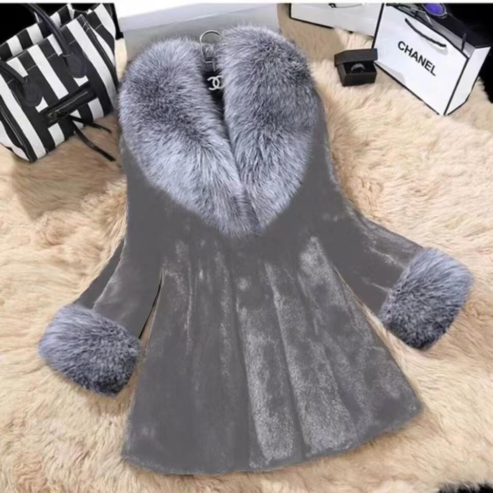 Новая осенне-зимняя шуба из искусственной норки с воротником из меха серебристой лисы для женщин, длинная искусственная норковая шуба