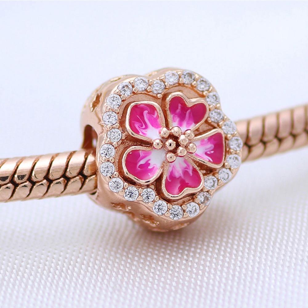 S925 серебристый, фиолетовый и зеленый лист, розовый сверкающий цветок персика, подвеска, подходит для оригинального браслета «сделай сам», подарок для женщин