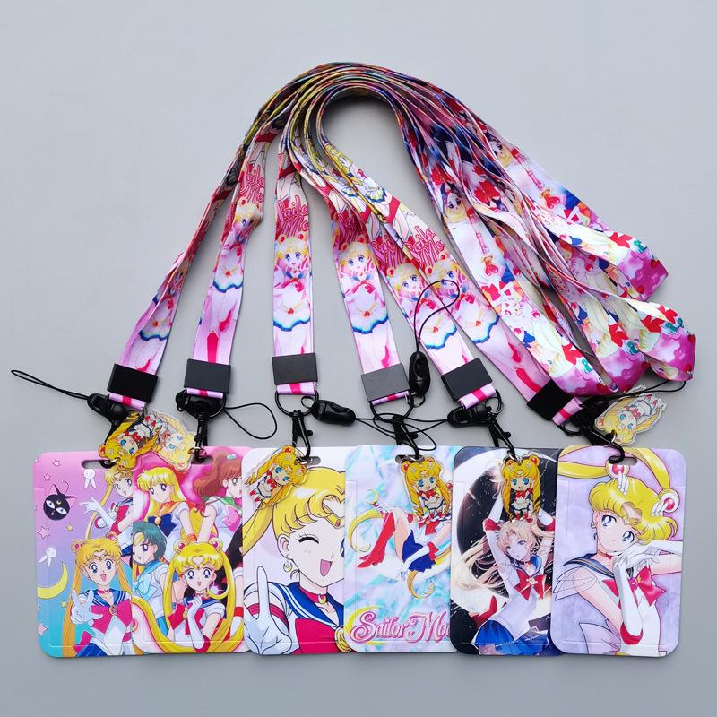 Cartoon Sailor Moon Kawaii PVC Card Cover Student Campus Hanging Neck Bag Card Holder Lanyard ID Card Holders Key Chain