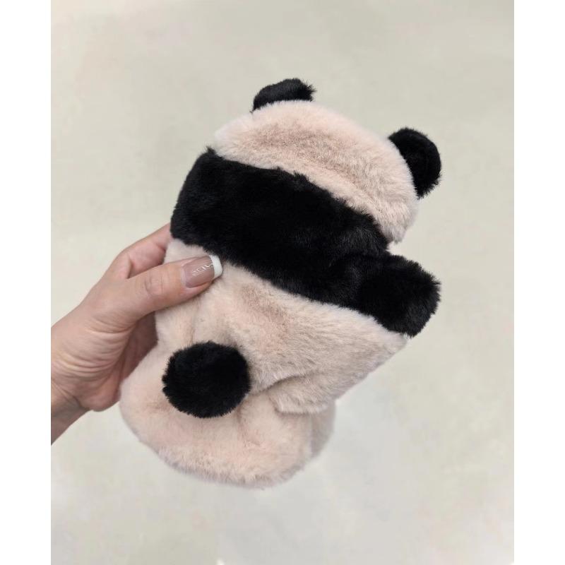 New Half-finger Cute Panda Student Writing Leaking Finger Gloves Cartoon Girl Riding Warm Riding Plush Gloves