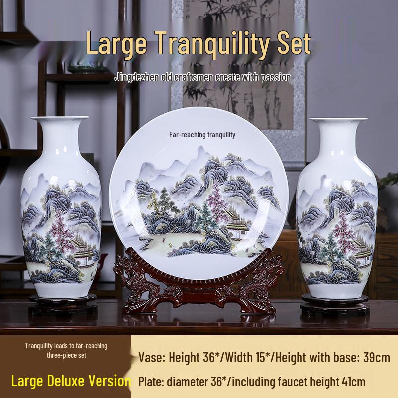 Good Fortune Jingdezhen Ceramic Vase Set: 3-Piece Décor for Living Room, Curio Shelf, or TV Cabinet
