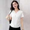 Women T-shirt V-Neck Buttons Decor Short Sleeve T-Shirt Slim Fit Soft Elastic Pullover Tops Commuting Style Tops