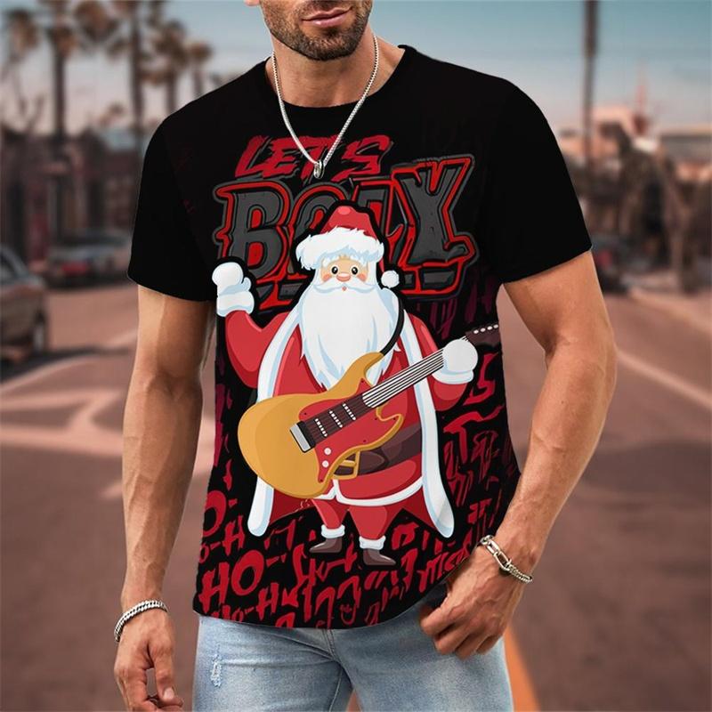 Funny Christmas Pattern T-Shirt For Men Santa Claus Music 3D Print Tees Summer Casual Short Sleeve Loose T Shirts Round Neck Top