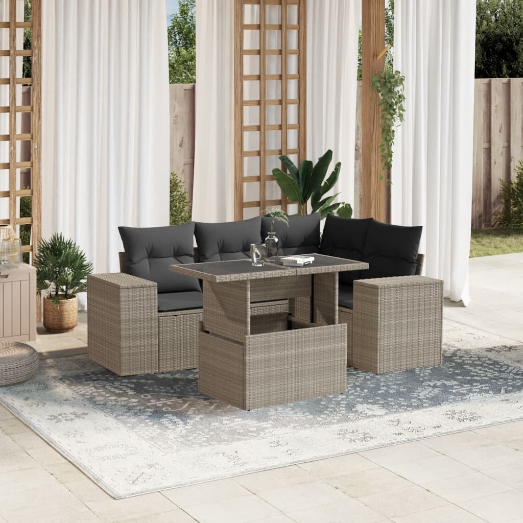 5 Piece Garden Sofa Set with Cushions Light Grey Poly Rattan