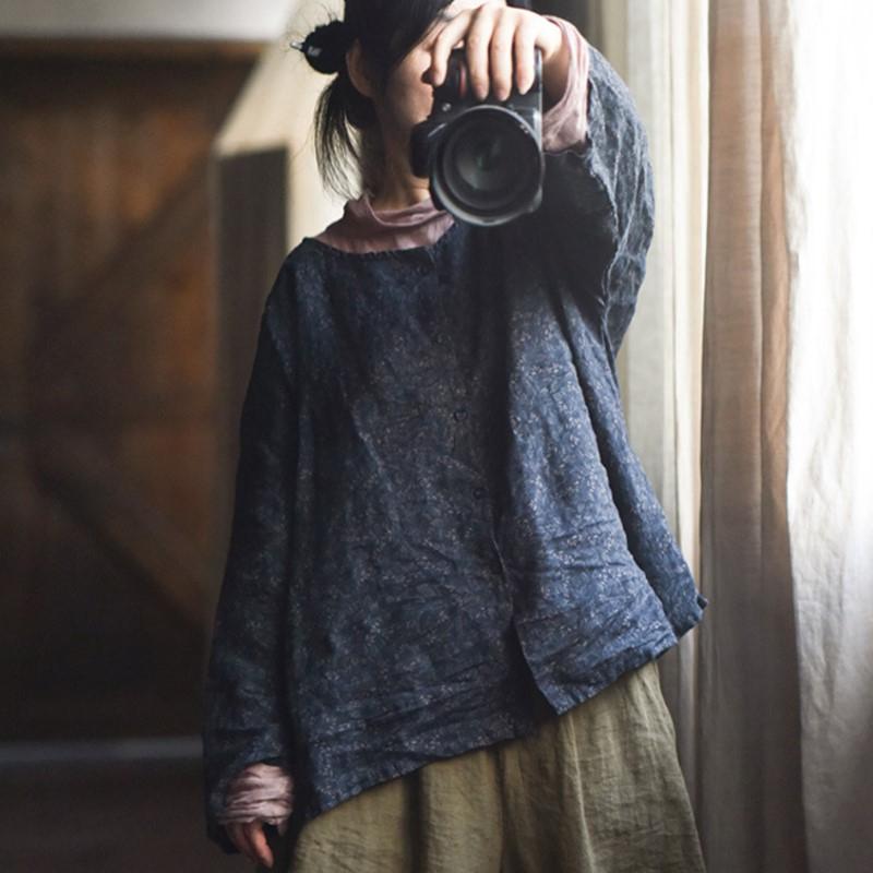 Johnature Женские льняные рубашки с цветочным принтом, топы на пуговицах, блузки высокого качества, свободные винтажные женские рубашки