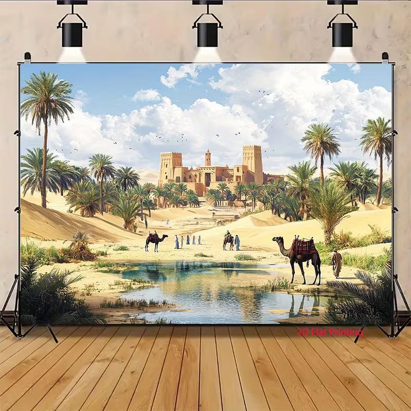Moroccan Desert 2D Backdrop, Ancient Castle Oasis Camel Photography Background