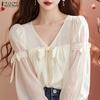 Women Summer V-Neck Lantern Long Sleeve Tie Lace Blouses
