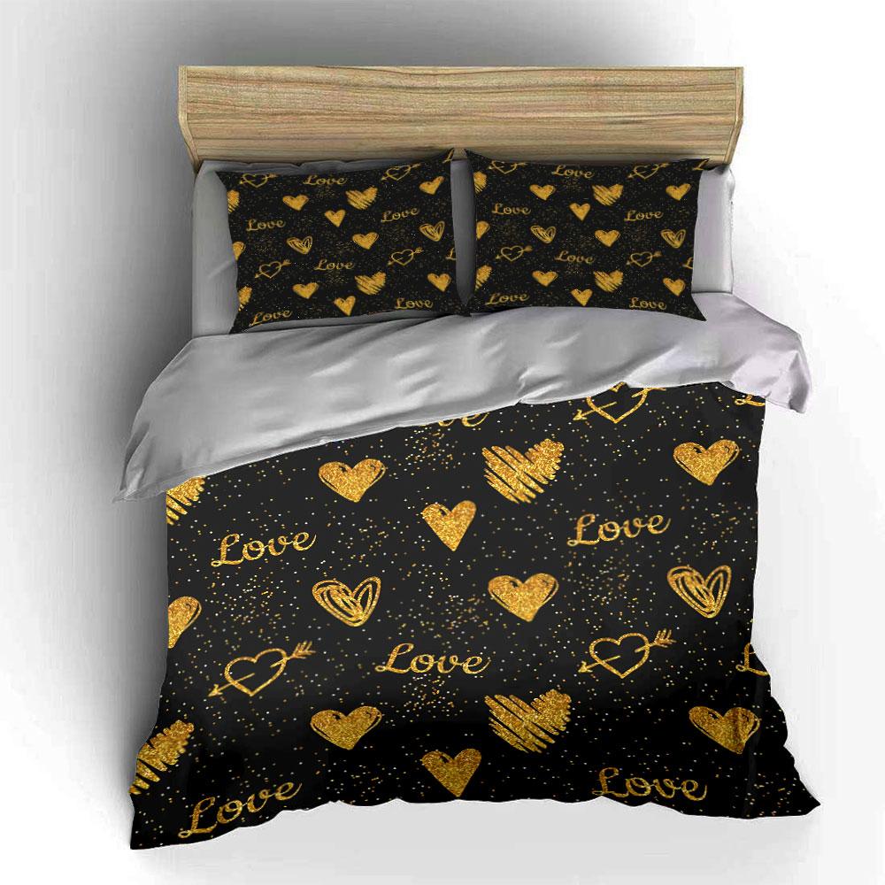 Golden Love Hearts Pattern Bedding Duvet Cover Set Duvet Cover Pillowcases (1*Duvet Cover 2*Pillowcases, without duvet insert)