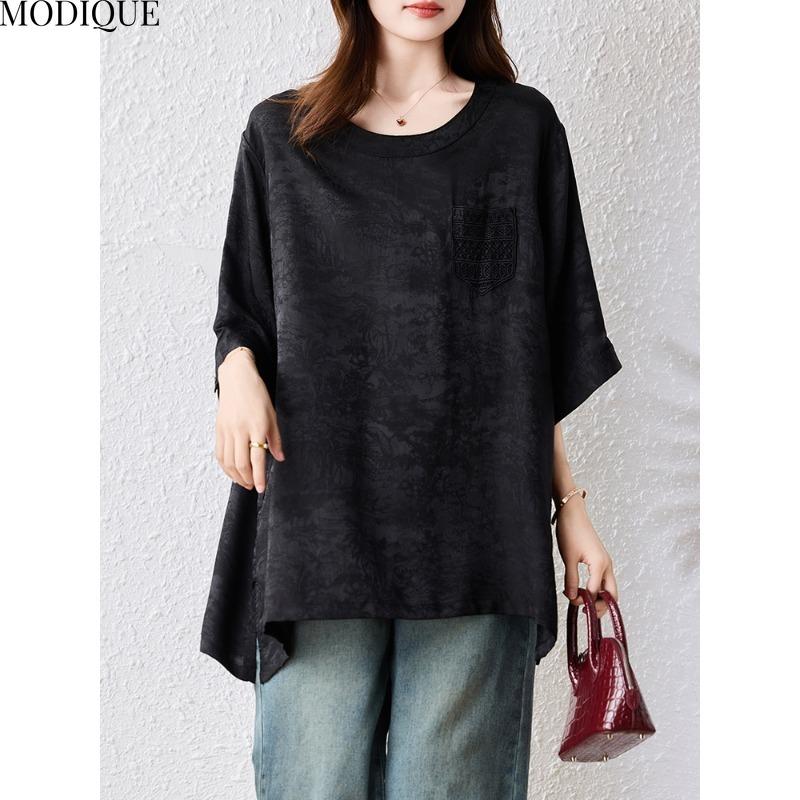 MODIQUE Весна Лето Большой Размер Новый Женский Черный Свободный Винтажный Однотонный Блузки Рубашки Женский Повседневный Оверсайз Короткий Рукав Круглый Вырез Топ