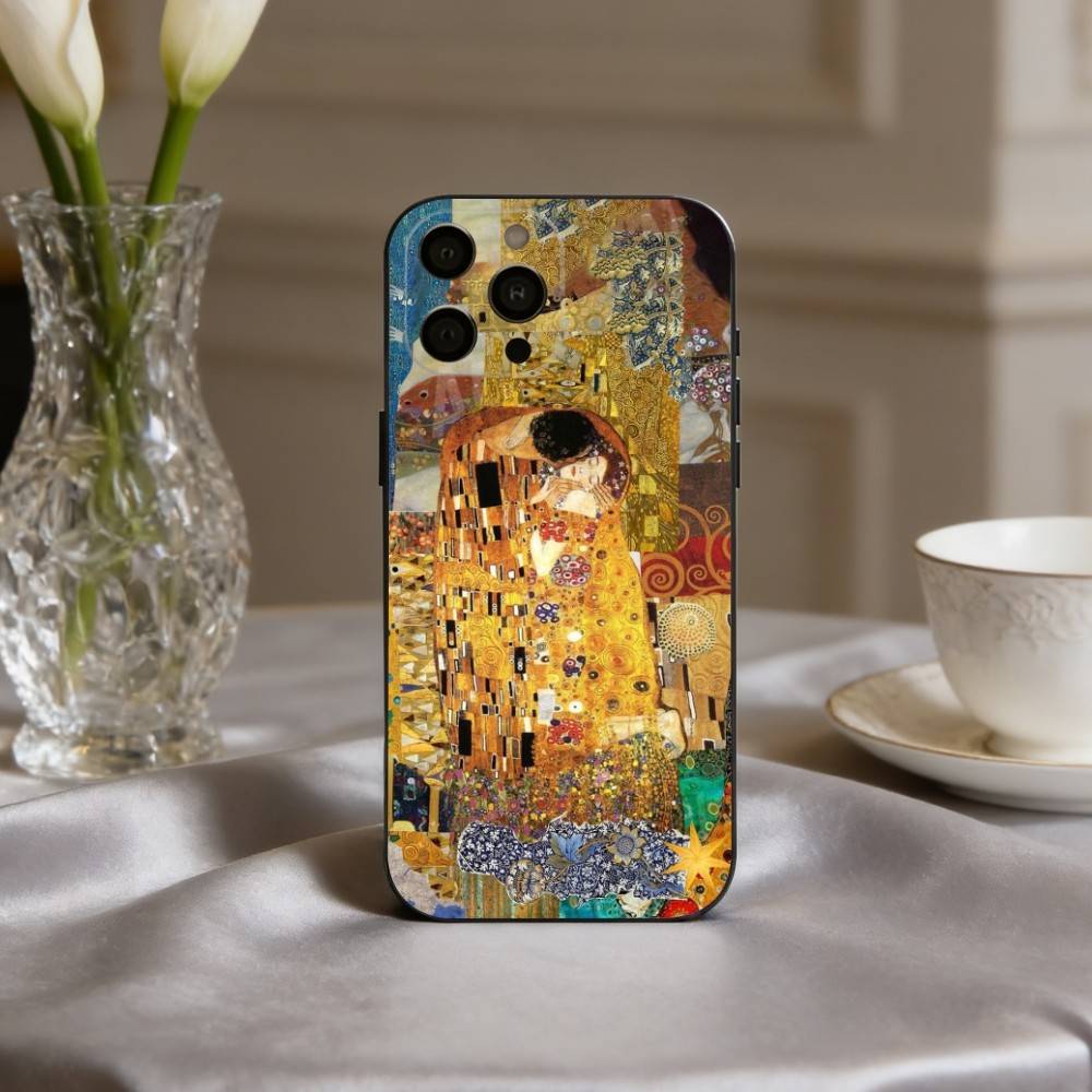 Чехол для телефона с картиной Густава Климта «Поцелуй» Для iPhone 17pro,16,15,14,13,12,11 Plus,Pro Max,XS,Мягкий силиконовый черный чехол