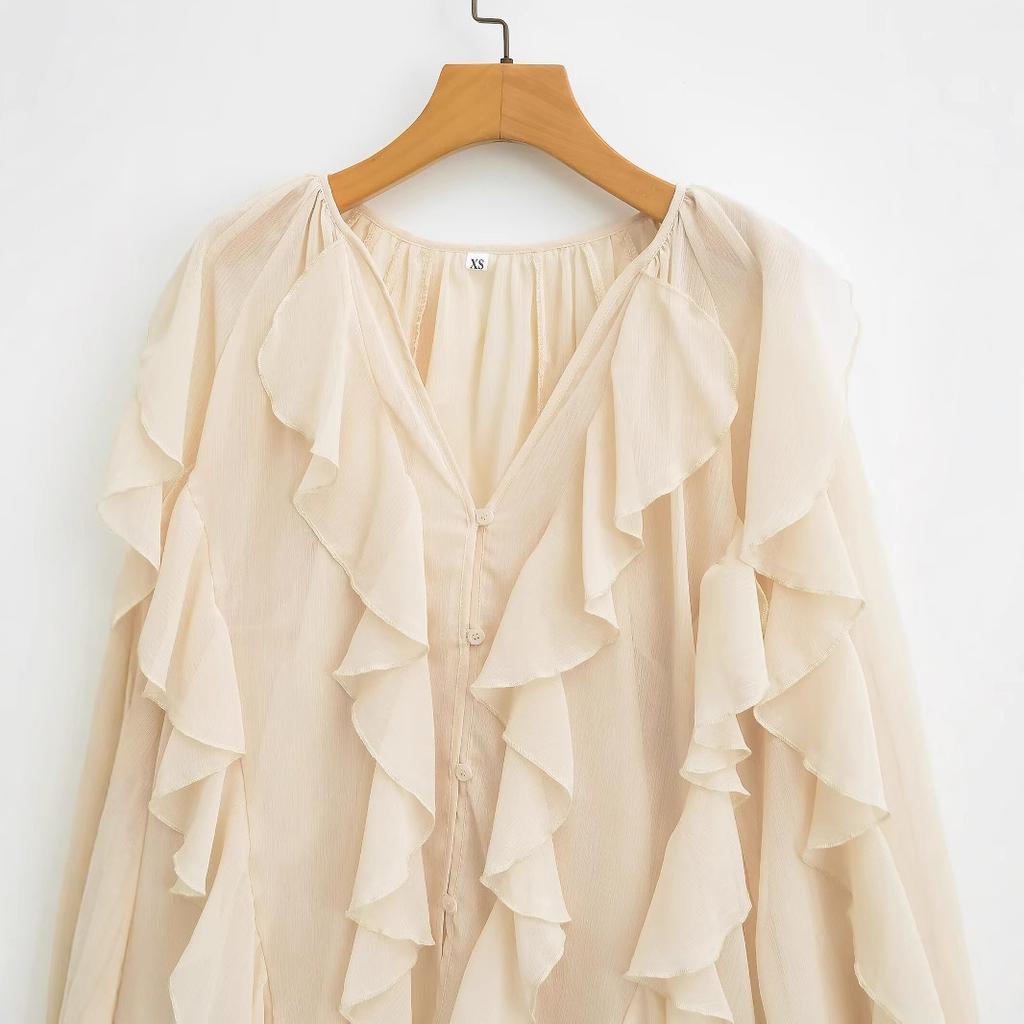 1116 Spring New European and American Women's Shirt Temperament Laminated Decorative Fashion V-Neck Long Sleeve Shirt Women's 1786161