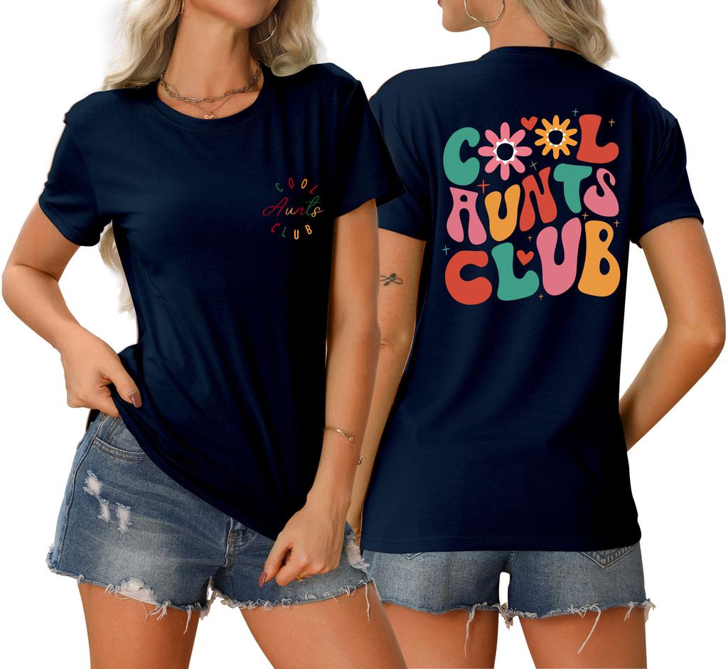 Summer new Womens round neck cool aunts club front and back printed Tshirt loose casual shortsleeved top with a stylish pullo