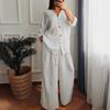 Women's Cotton Linen 2 Piece Outfit Casual Long Sleeve Button Down Drawstring