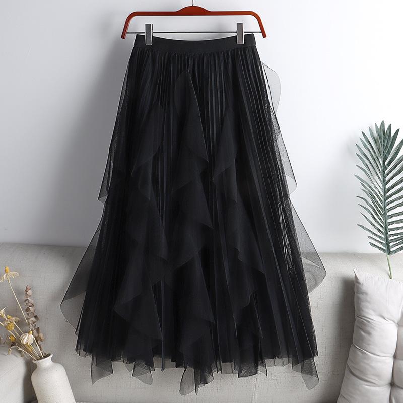 Qooth Summer Long Maxi Skirt Women FCute High-waisted Pleated Kawaii Tulle Skirt Mesh Gauze QT1240
