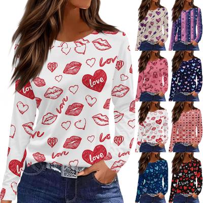 Женский модный топ с длинными рукавами и круглым вырезом, с разрезом по низу и принтом в виде сердец ко Дню святого Валентина
