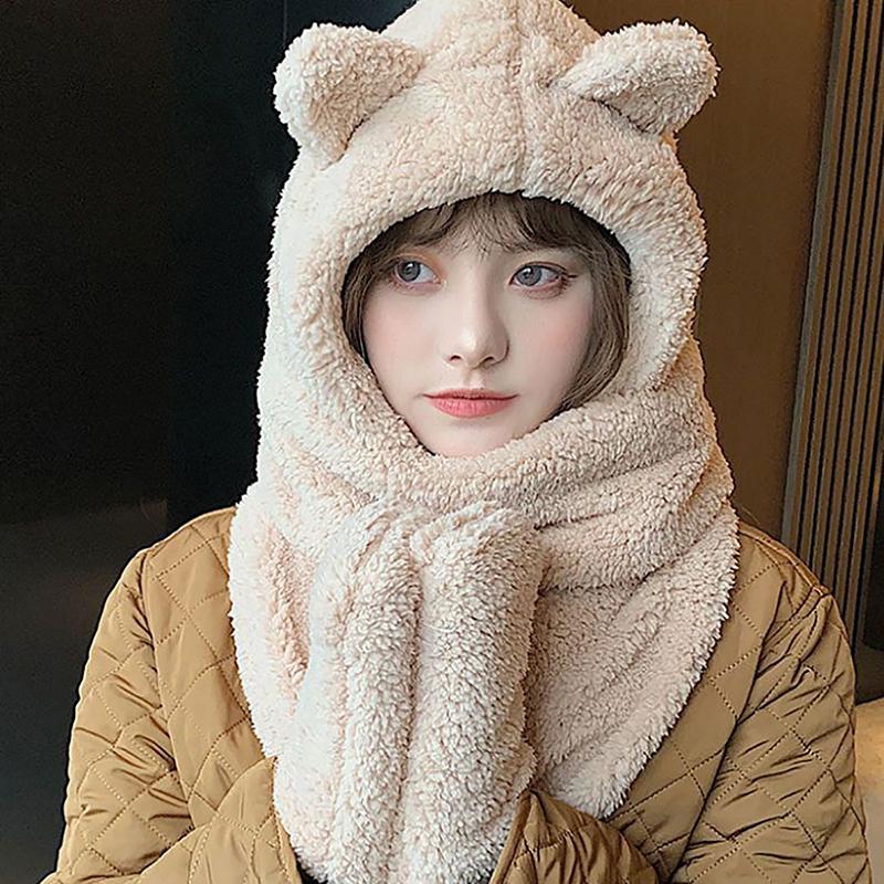 Зимние женские шапки с капюшоном, теплые шапки с медвежьими ушками, повседневная плюшевая шапка, шарф, повседневные женские шапки, теплые головные уборы