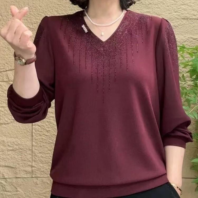 Весна 2025 Блузка с V-образным вырезом и длинными рукавами из шифона для женщин – Однотонный универсальный топ для мам среднего и пожилого возраста