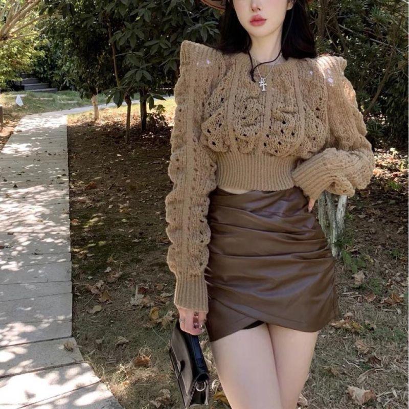 French Autumn Sweater Women's Solid Color Round Neck Hollow Knit Sweater Bubble Sleeve Knit Sweater Top Casual Knit Sweater