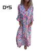 Женское принтованное макси-платье весна-лето с V-образным вырезом в стиле бохо, праздничное платье с длинными рукавами, свободное платье с карманами для повседневной жизни, вечеринок, пляжа