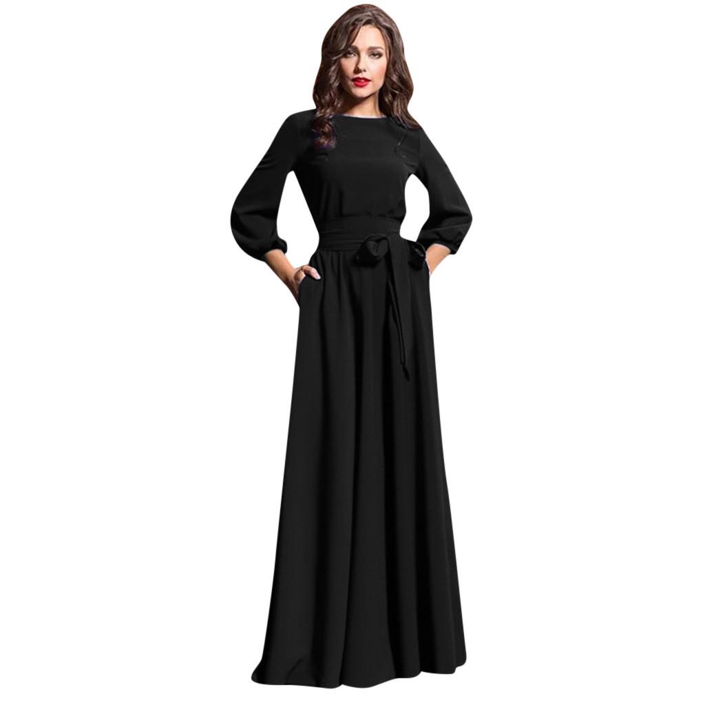 Women Summer Casual Party Dress  Sleeve Solid Long Dresses With Belt