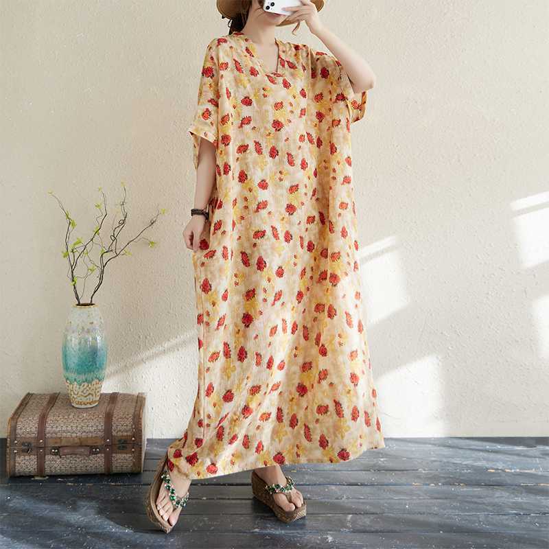 Реальное фото Летний цвет Отпускной стиль Путешествия V-образный вырез Ретро Длинное платье Прикрывающее недостатки Хлопково-льняное платье
