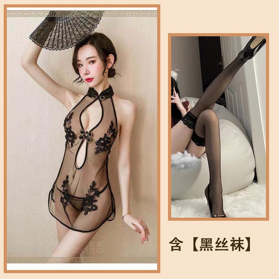 Sex lingerie sexy cheongsam women's transparent lace nightdress blood drops tease passion seduction suit