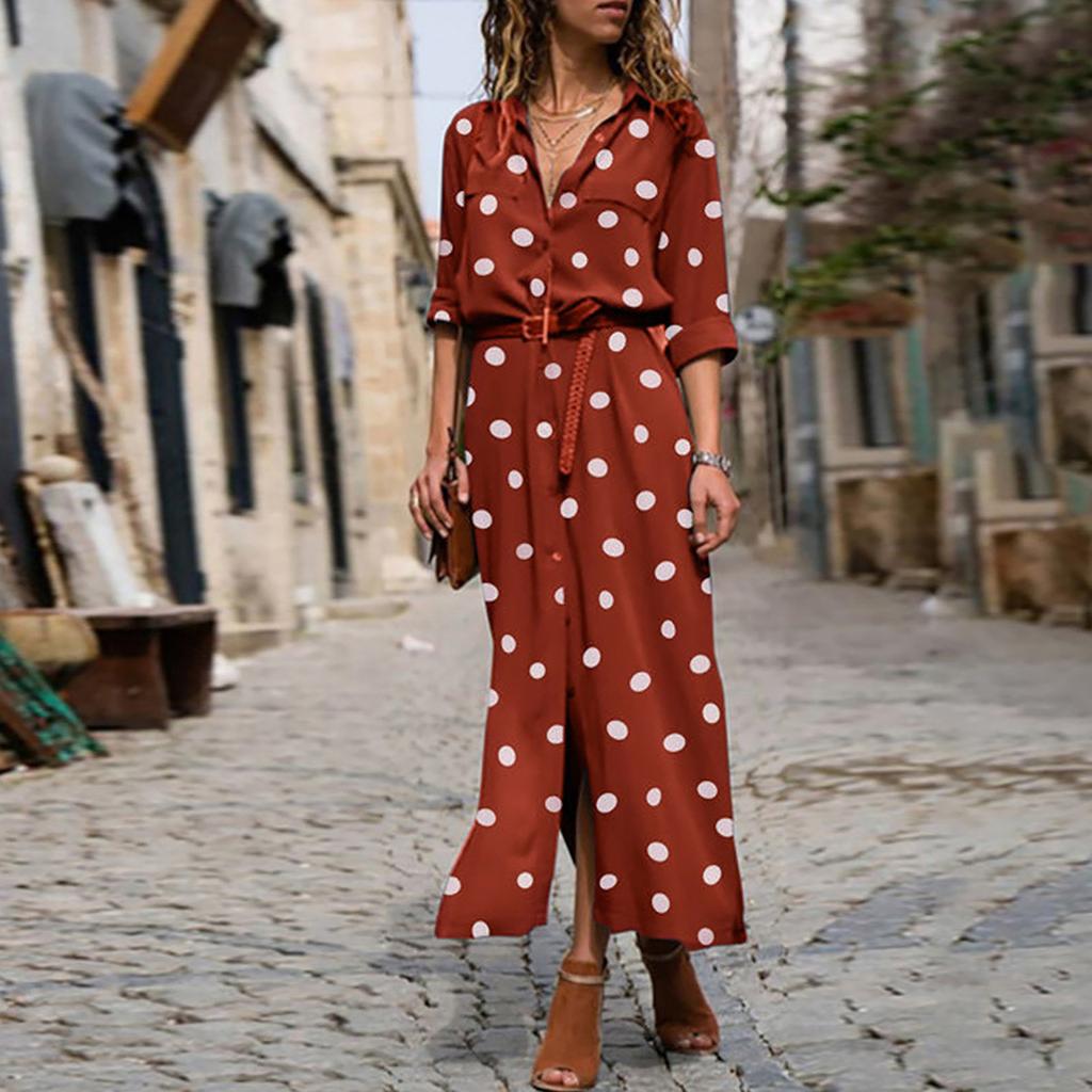 Women's Fashion Casual Polka Dot Print Lapel Long Sleeves Single-breasted Stitching Loose Waist Hem Split Chiffon Dress