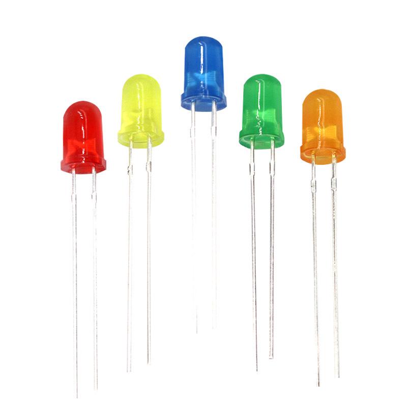 5mm Round LED Lamp Bead: Dual Leads with Flange, Red Emitting, Options in Yellow, Blue, Orange, and Emerald Green.