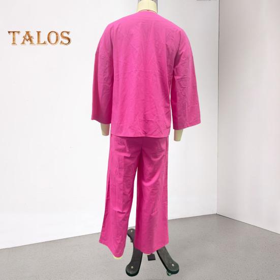 Женский комплект из двух частей из хлопка и льна, топ с длинным рукавом и V-образным вырезом на пуговицах, широкие брюки, повседневная домашняя одежда