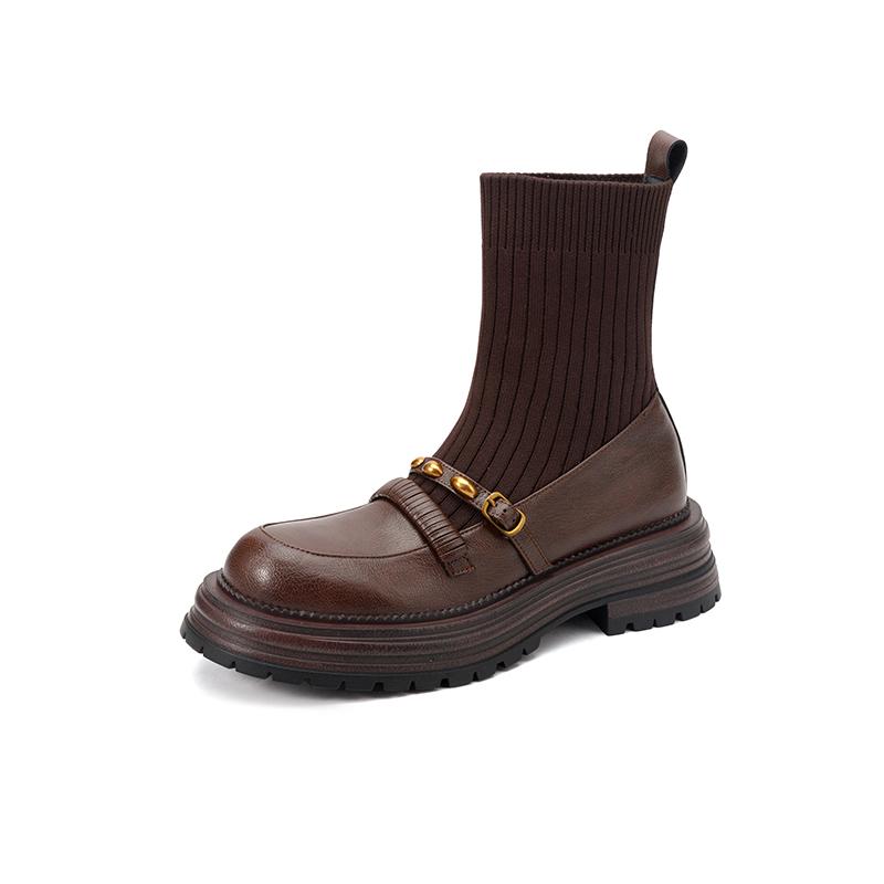 Модные новые осенне-зимние женские ботинки из спилка, туфли с круглым носком, модные облегающие ботинки на среднем каблуке, ботинки челси на платформе