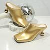 Square Toe Elegant Women Slippers Fad Mid Heels Leather Sandals Mule Shoes New Trend Spring Designer Dress Femme