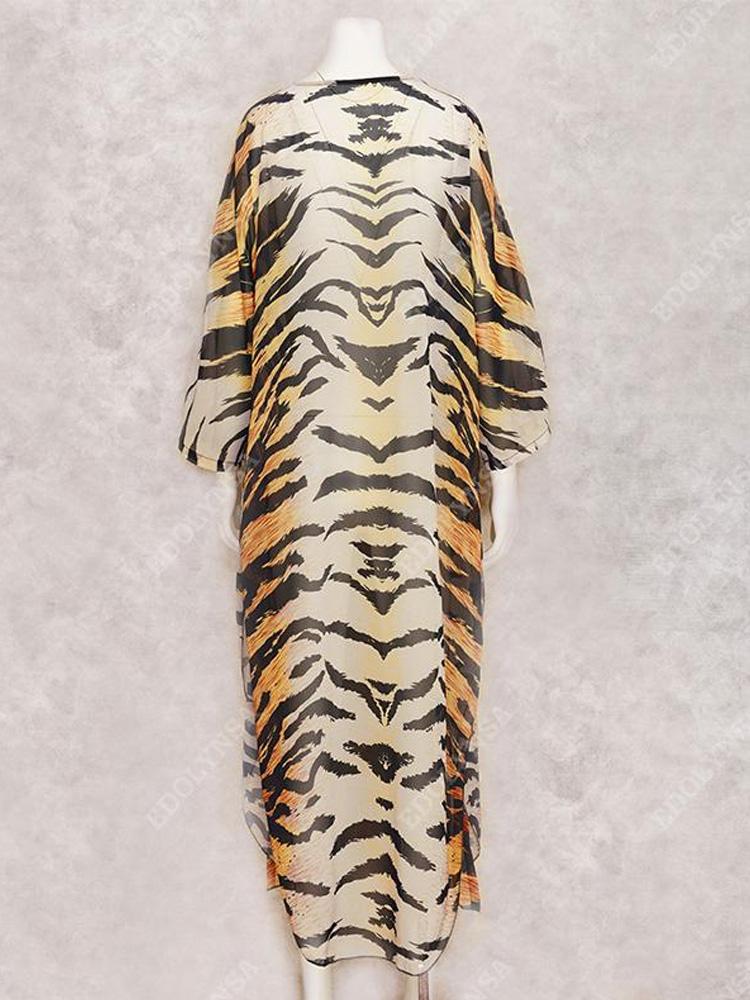 2024 Желтое сексуальное шифоновое бикини в полоску с тигром, накидки на бикини больших размеров, платье-кимоно, летняя женская пляжная одежда, купальный костюм, накидка