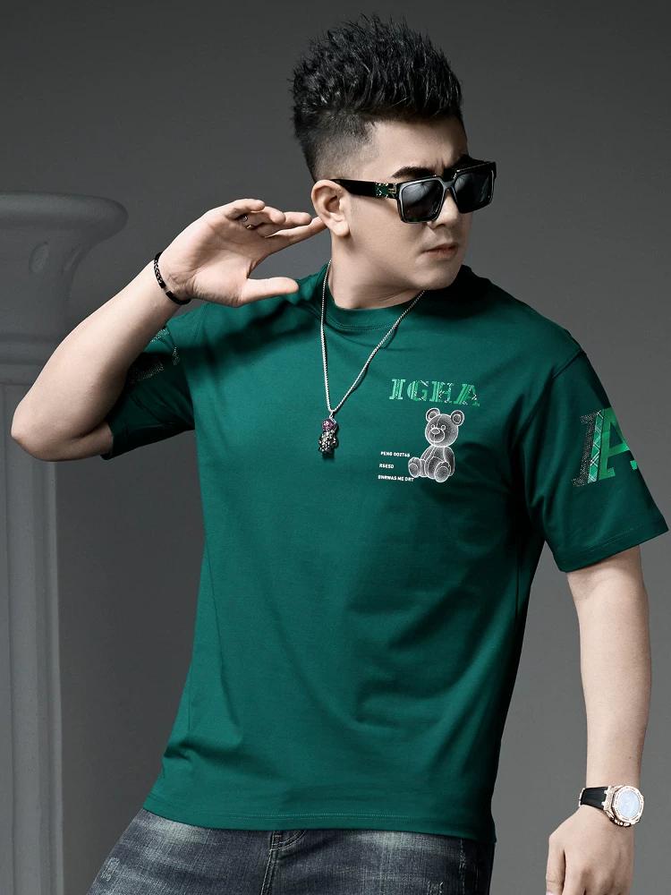 European Goods 2025 Summer New Fashion Brand Bear Print Hot Drilling round Neck Short sleeve T-shirt Men's Casual Half Sleeve Top