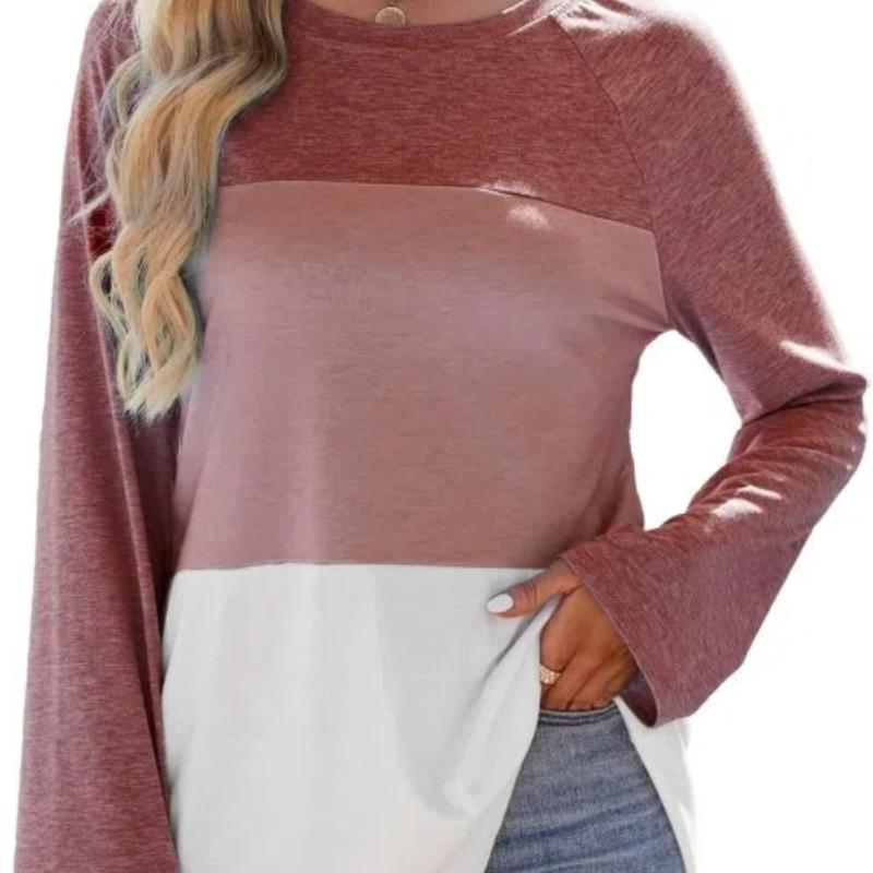 Женская блузка Colorblock с длинным рукавом и круглым вырезом, повседневная свободная рубашка, топы