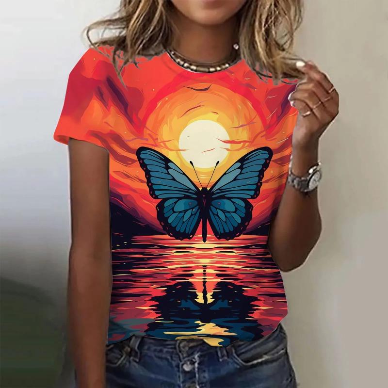 Fashion Woman T Shirt 3D Butterfly Print Crew Neck Short Sleeve Tee Luxury Female T-shirts Oversized Y2k Clothing For Girls