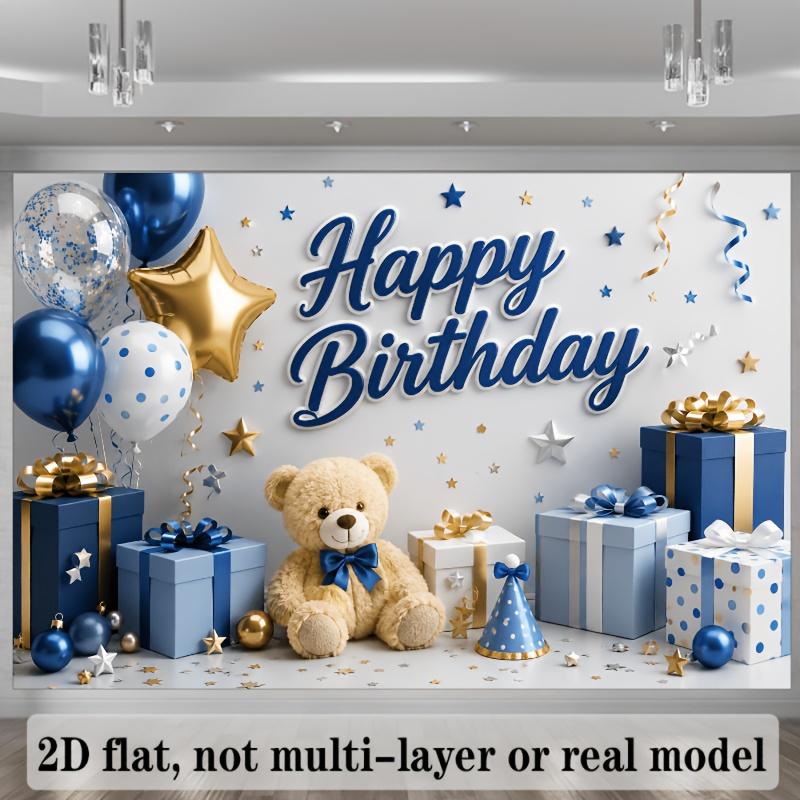 2D flat birthday theme with teddy bear, gift box, balloon star elements, made of polyester