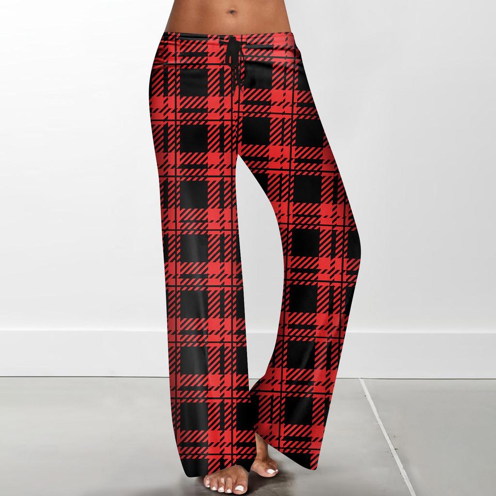 Women's Casual Strapping Wide Leg Pants With Plaid Printed Casual Pants