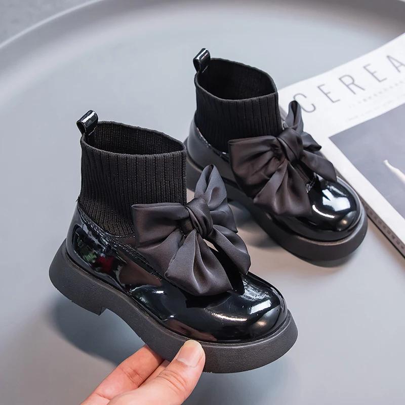Black Glossy Children's Pure Black Socks Shoes 2024 Breathable Spring and Autumn Bow Japanese Lolita Uniform Boots for Girls PU