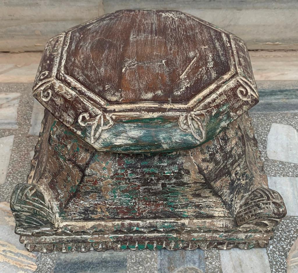 Indian Carved Wood Shelf Bracket: Antique Distressed Painted Panel