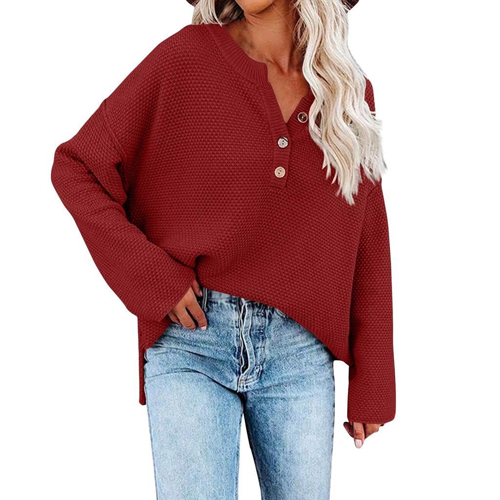 Женская мода, повседневный однотонный свободный вязаный пуловер с круглым вырезом и пуговицами, топ