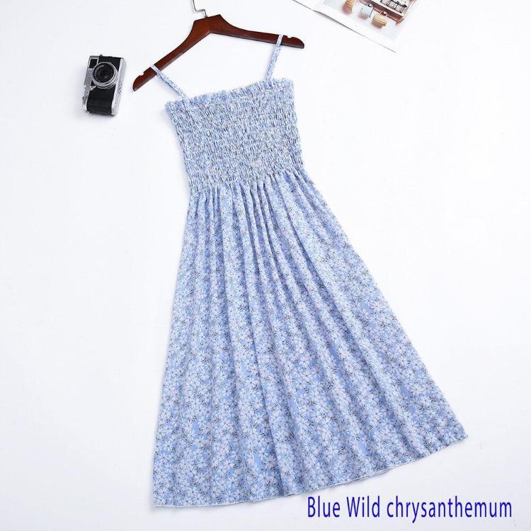 2023 Summer Floral Printed Chiffon Mini Dress Women Casual Fashion Spaghetti Strap Sleeveless Elastic High Waist Dress