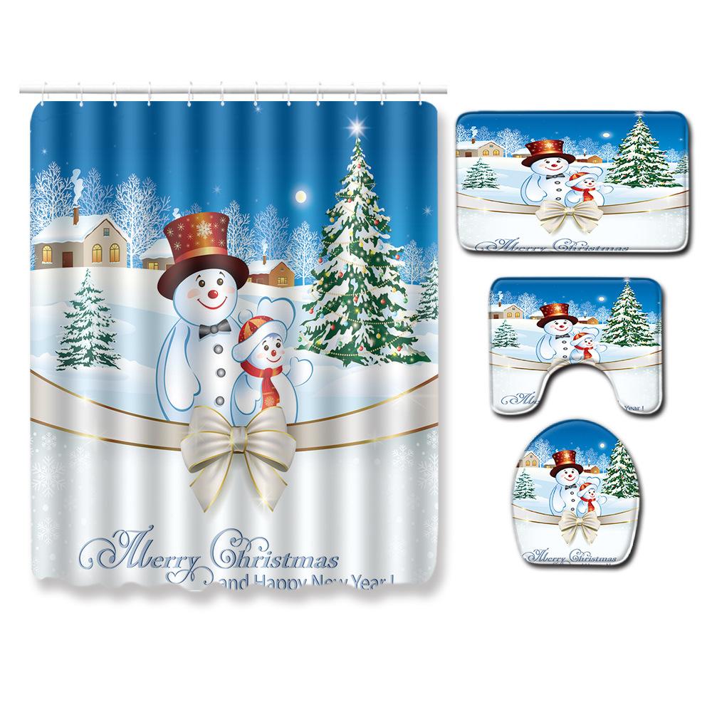 Christmas Home Shower Curtain Polyester Cloth Four-Piece Toilet Floor Mat Bathroom Non-Slip Door Mat Bedroom Carpet