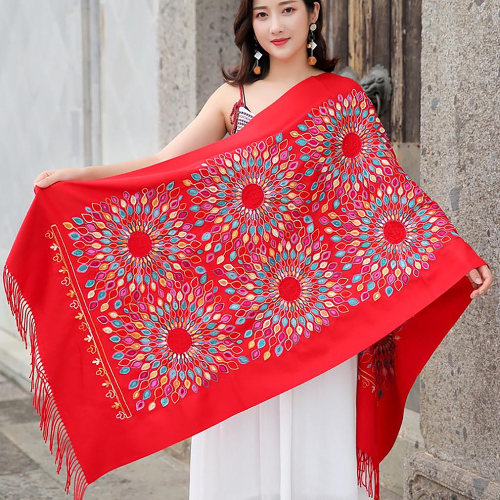 Women Scarf Sun Flower Embroidery Pashmina Cotton Shawls Floral Bandana Scarves