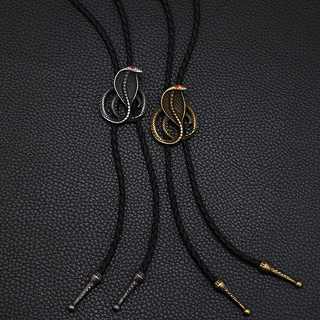 Vintage Metal Cobras Snake Pendant Bolo Tie Western Punk Faux Leather Rope Necktie Jewelry Shirt Collar Chain Necklace