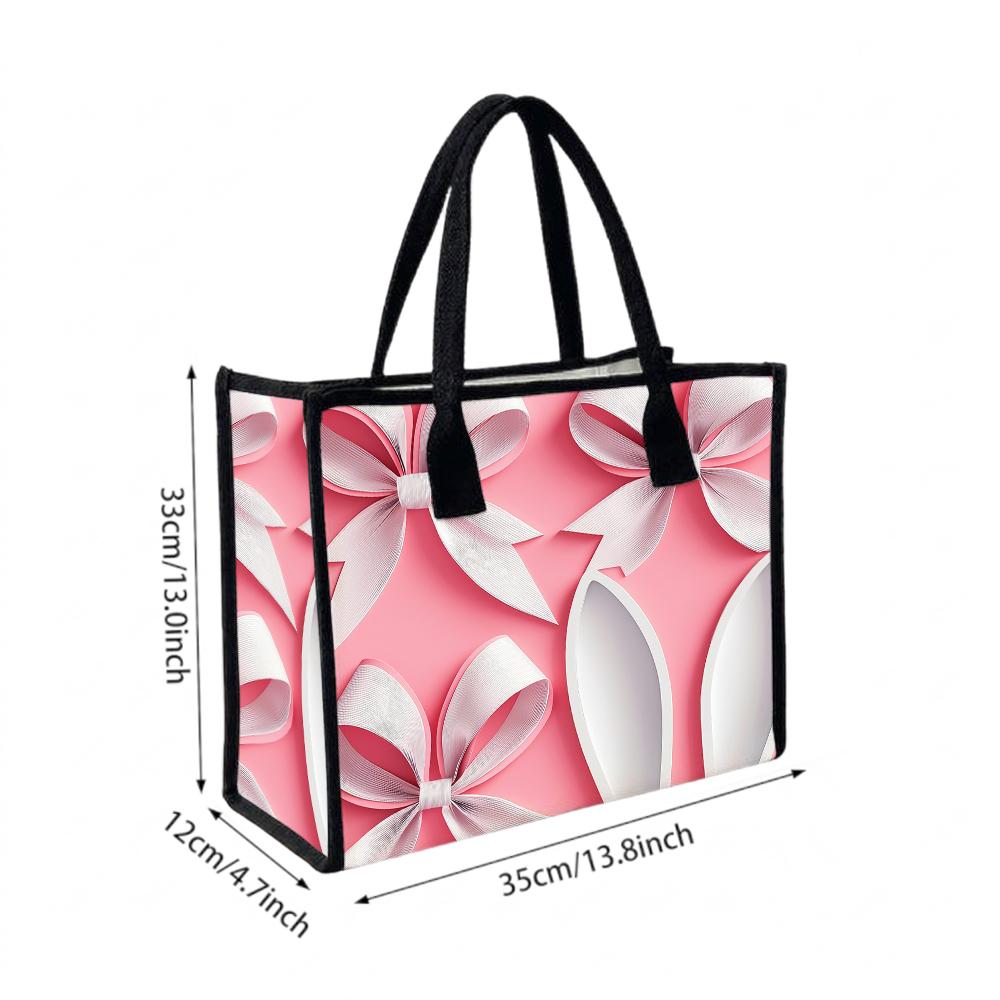 Pink Bow Pattern Tote Bag Casual Large Capacity Shoulder Handbag for Daily Use