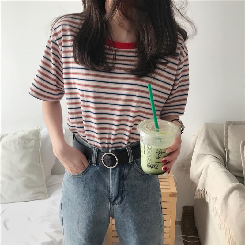 Women's Crew Neck Short Sleeve T Shirt Loose Fit Casual Stripe Print Basic Top Summer Daily Blouse